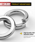M10 split lock washer, close-up, 304 stainless steel, silver, 50-pack