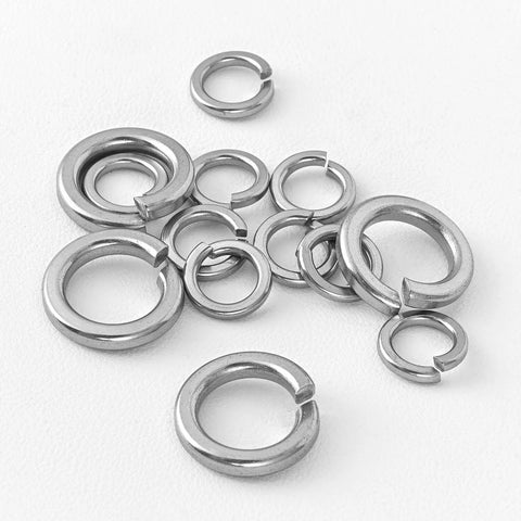 Stainless steel split lock washers, assorted sizes, shiny silver finish