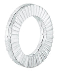Close-up of M10 Wedge Locking Washer, manganese steel, compliant with DIN 25201, showing detailed grooves