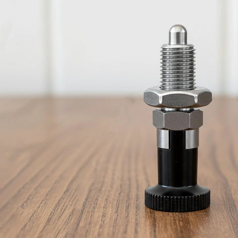 Two Pack M10x1.5 Spring Plunger Ball Nose 304 Stainless Steel Push Fit Indexing Plunger on wooden surface