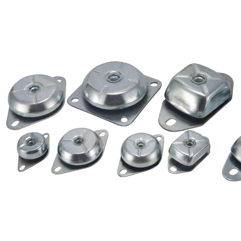 Experience superior vibration isolation with this M12 bell type vibration mount set, showing multiple sizes of metal mounts.