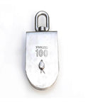 M15 stainless steel double-sheave pulley block with swivel top for rope & cord systems, showing front view with corrosion-resistant build.