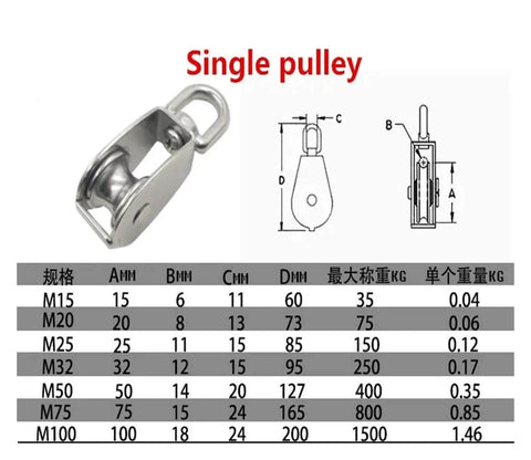 M15 stainless steel double-sheave pulley block with swivel top for rope & cord systems, dimensions and weight chart included.