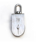 Front view of the M15 stainless steel double-sheave pulley block with swivel top for rope & cord systems, corrosion-resistant 304 stainless steel.