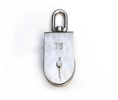 Front view of the M15 stainless steel double-sheave pulley block with swivel top for rope & cord systems, corrosion-resistant 304 stainless steel.