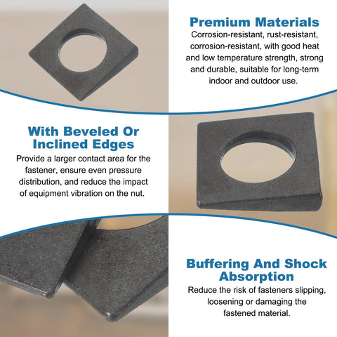 Close-up of square beveled washer, black carbon steel, M16, 4-piece set for shim leveling