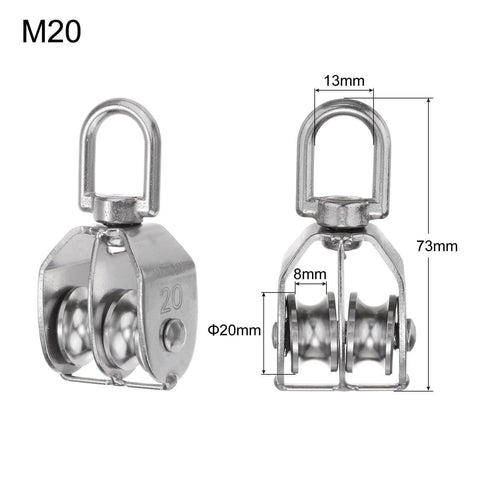 6pcs M20 Double Pulley Block, Stainless Steel Swivel Rigging Lifting Wheel Fixed Pulley, side view, measurements shown