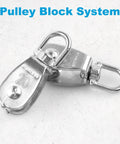 Image of two M20 single pulley blocks made of 304 stainless steel, featuring a swivel design for lifting wire rope cables.