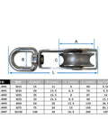 Diagram and table showing dimensions of M20 Cable Single Pulley Block Stainless Steel Hanging Wire Towing Lifting Rope Wheel