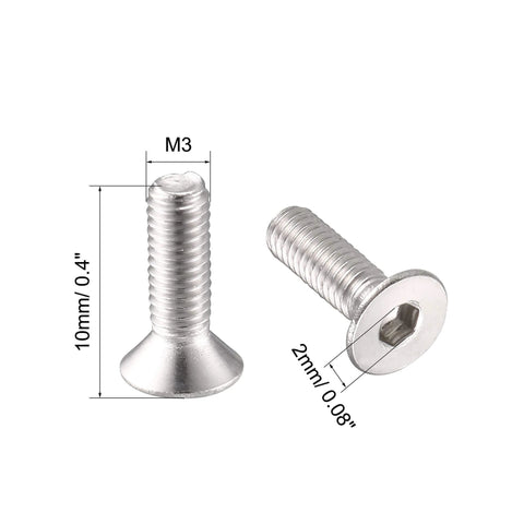 Close-up of M3 x 10mm Metric Hex Socket Countersunk Flat Head Screw Bolts, highlighting dimensions and hex socket.