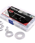M3 To M12 304 Stainless Belleville Spring Washer Assortment Kit With 7 Sizes in transparent case with 215 pieces displayed