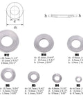 Diagram showing M3 to M12 304 stainless Belleville spring washers with dimensions for each size in assortment kit with 7 sizes.