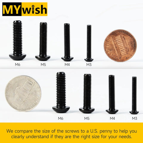 Comparison of 420 Piece M5 Nuts And Bolts Set with U.S. penny and nickel for size reference, hex button head screws in black finish