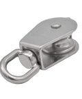 Close-up of a 2Pcs M32 Single Pulley Block, 304 stainless steel, featuring a wheel and 360-degree swivel ring, for 551Ibs load.