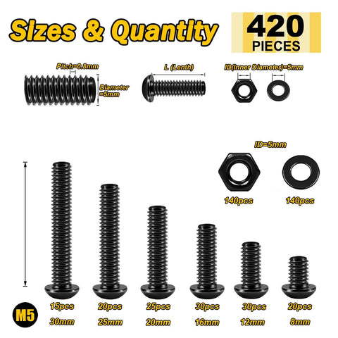 420 Piece M5 Nuts And Bolts Set With Hex Button Head Screws In 8mm 12mm 16mm 20mm 25mm And 30mm Lengths