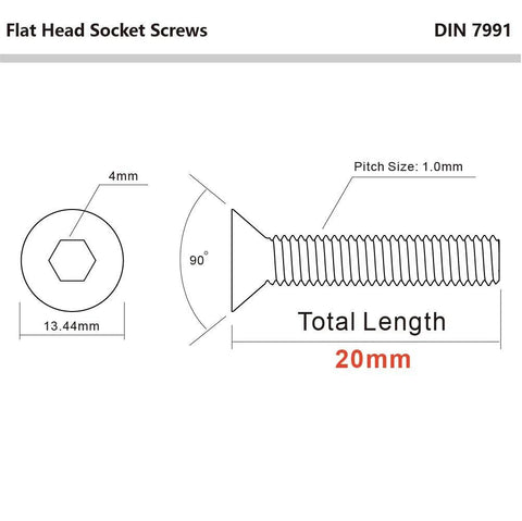 Technical diagram of M6 X 20mm Flat Head Socket Cap Screws Set Alloy Steel Grade 10.9 Black Oxide Finish DIN 7991 with measurements.