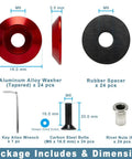 Components of 24 Piece M6 18mm Anodized Aluminum Tapered Washer Kit for Widebody Flares, including bolts, spacers, and washers.