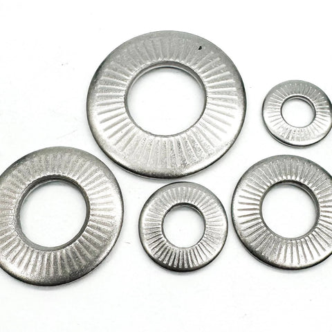 M6 Conical Knurled 304 Stainless Spring Washer 14mm OD 1mm Thick Pack of 50 displayed in various angles