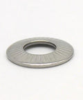 Close-up of M6 Stainless Steel Belleville Washer, part of Disc Spring Pack of 50, showing cupped shape and ridged surface.