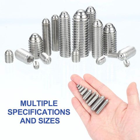 Hand holding M6x20mm Ball Point Set Screws 10 Pcs 304 Stainless Steel Hex Socket Spring Ball for Industrial Machinery, multiple sizes shown