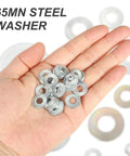 Hand holding 65Mn steel M8 Belleville spring washers 8x16x1.4mm yellow zinc, pack of 50, anti-loosening for industrial use.