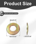 Dimensions of M8 Belleville Spring Washers 8x16x1.4mm 65Mn Steel Yellow Zinc 50 Pcs with size labels