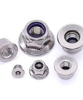 M8 X 1.25mm Nylon Insert Flange Hex Lock Nuts Pack Of 10, 304 Stainless Steel, Blue Nylon, Different Sizes Displayed