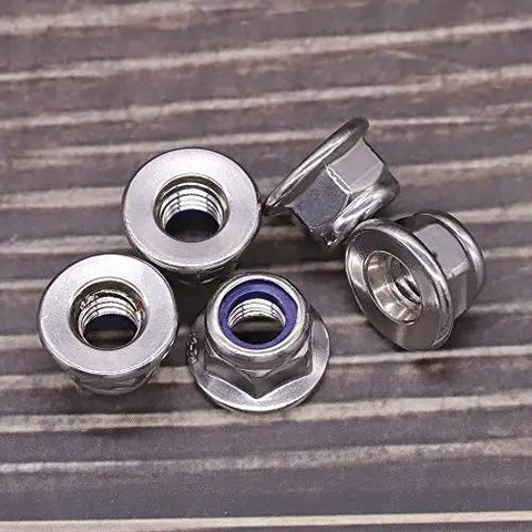 M8 X 1.25mm Nylon Insert Flange Hex Lock Nuts Pack Of 10, 304 Stainless Steel 18-8 Bright Finish