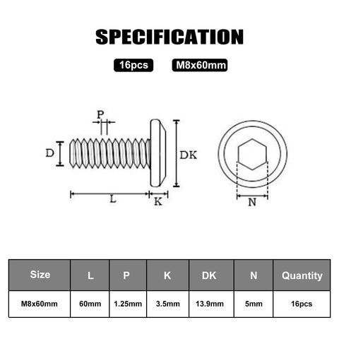 Technical diagram of M8 X 1.25 X 60 Mm Flat Head Hex Socket Cap Screws Set, 304 Stainless Steel, with measurements and specifications.