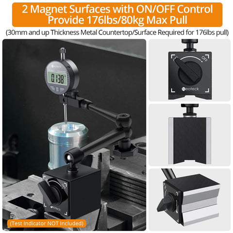 Magnetic Base Stand for Digital Dial Indicator Gauge with dual magnet surfaces and ON/OFF control, suitable for precision machining.