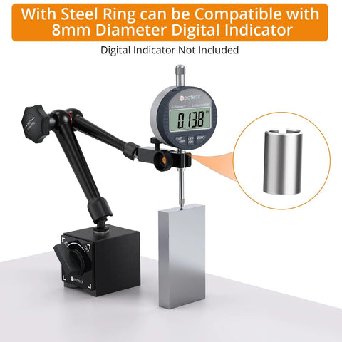 Magnetic Base Stand For Digital Dial Indicator Gauge With Dual Magnet Surfaces showing side view and compatibility details