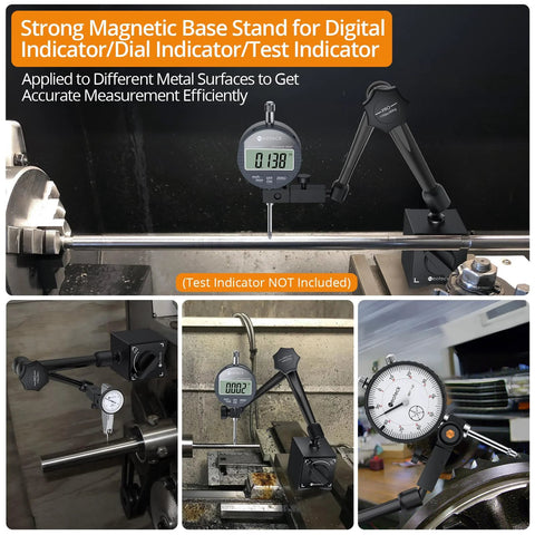 Magnetic Base Stand for Digital Dial Indicator Gauge with Dual Magnet Surfaces and On Off Control, showcases use in precision machining.