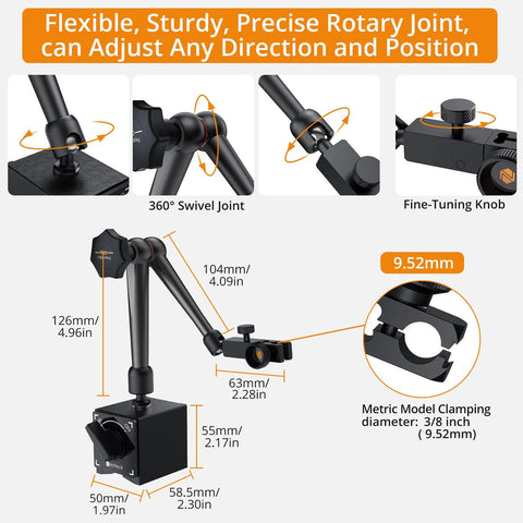 Flexible rotary joint on Magnetic Base Stand for Digital Dial Indicator Gauge with dual magnet surfaces, black
