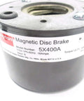 Close-up of Compact 5X400A Magnetic Disc Brake for 115V AC systems with torque range 0.375-0.75 lb-ft, showing model details.