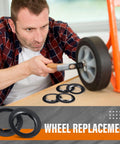 Man installing 8 Pack Push On Dolly Wheel Lock Washers Fits Five Eighths Dolly Axle Rods Spring Steel Oiled Phosphate Finish Black for security