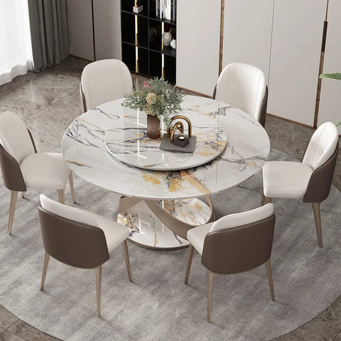 Dining room with marble table featuring heavy duty aluminum lazy Susan hardware with polished ball bearings rotary turntable swivel plate.