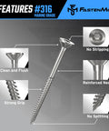 #10 x 3 Marine Grade Type 316 Stainless Steel Wood Screws - 300 Pack with T25 Bit - Torx Flat Head Type 17 Point features overview