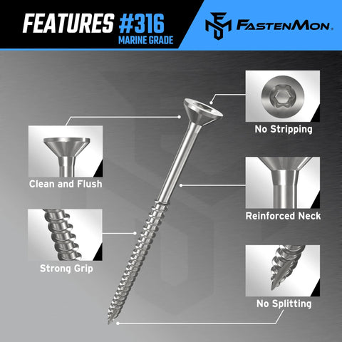 #10 x 3 Marine Grade Type 316 Stainless Steel Wood Screws - 300 Pack with T25 Bit - Torx Flat Head Type 17 Point features overview
