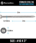 #10 x 3 Marine Grade Type 316 Stainless Steel Wood Screws - 300 Pack with T25 Bit - Torx Flat Head Type 17 Point
