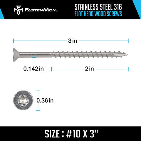 #10 x 3 Marine Grade Type 316 Stainless Steel Wood Screws - 300 Pack with T25 Bit - Torx Flat Head Type 17 Point