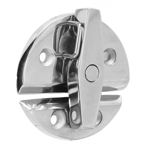 Round turn-button twist latch in marine-grade stainless steel with mirror finish, mounted on circular base for hatches and enclosures