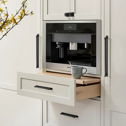 Kitchen cabinet with installed 10 Pack Classic Solid Cabinet Handles With Metal Base Plate 6.3 Inch Screw Spacing Matte Black Furniture Hardware.