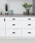 Cabinet with 10 Pack Matte Black Cup Drawer Pulls For Cabinets And Drawers, 5 Inch Hole Centers, Overall Length 5-3/4 Inch