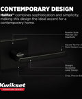 Non-locking interior passage lever provides secure, convenient access for closets and hallways, reversible for left or right doors, matte black finish with Microban protection, highlighting contemporary design features.