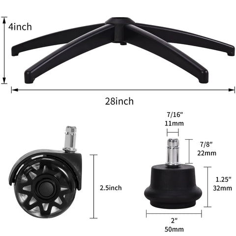 Heavy Duty 28 Inch Metal Base Replacement With 5 Polyurethane Wheels Bell Glides For Office And Gaming Chairs, 2500 Lb Load Capacity