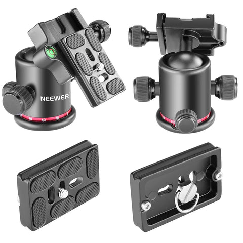 Professional Metal 360 Degree Rotating Panoramic Ball Head with Quick Release Plate, Bubble Level, Three Adjustment Knobs, shown in parts