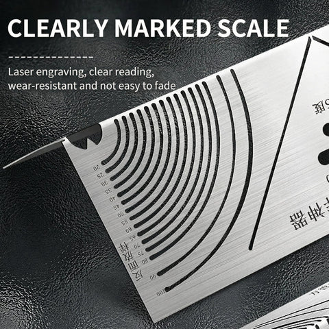 Close-up of Metal Scribe Tool With Angle Finder And Circle Scriber showing marked scale for precision in fabrication tasks.