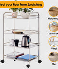 3-tier shelving unit with plants and appliances on 2 Inch Stem Swivel Caster Wheels With Brakes Replacement For Furniture 110 Lbs Per Caster 330 Lbs For Four Casters Premium PP And Steel Durable Lightweight Easy To Install Kit Ideal For Office Chairs Workstations Carts And Shelving Units With Included, shown on various floor types.