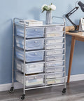 Storage cart with multiple drawers on rubber caster wheels next to a desk and lamp