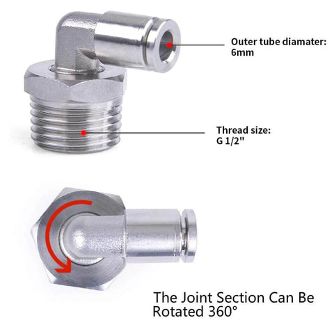 Metal pipe fitting with 6mm outer tube diameter and G 1/2" thread size, featuring a 360-degree rotatable joint section.